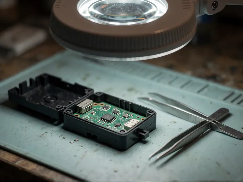 An opened control unit under a magnifier lamp on a workshop bench