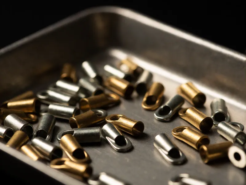 Loose brass crimp terminals in a shallow steel tray