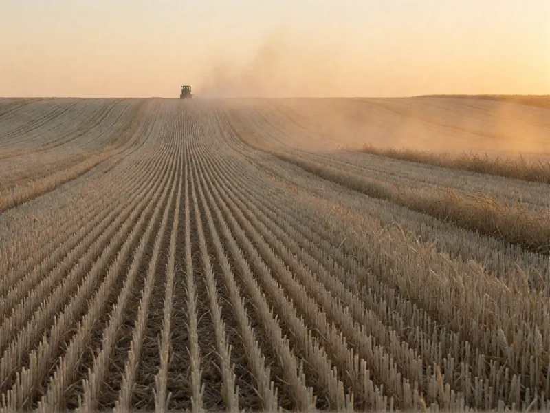 A cut wheat field at golden hour with a distant machine on the skyline