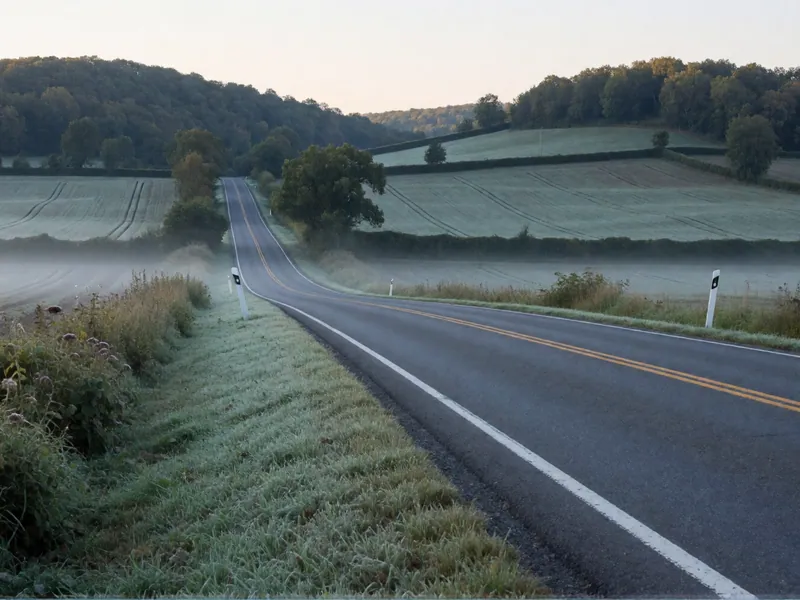 A two-lane road through Hudson Valley farmland at dawn