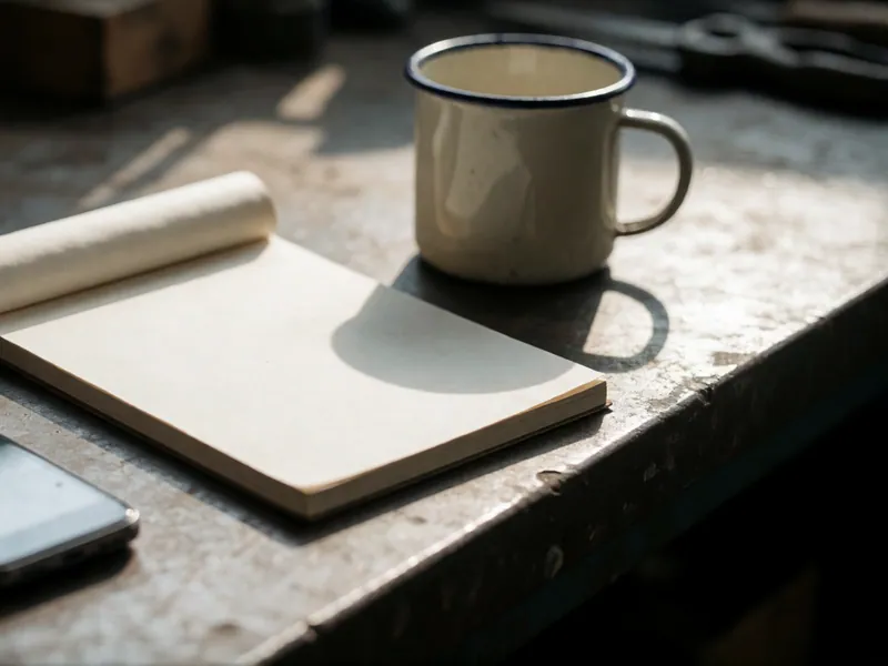 A notepad and a mug on a workshop bench in morning light